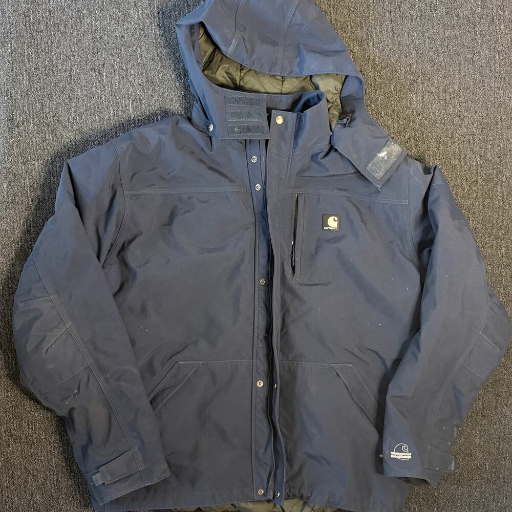 Vintage Y2k Carhartt Workwear Waterproof Breathable Navy Hooded Jacket Men's XL